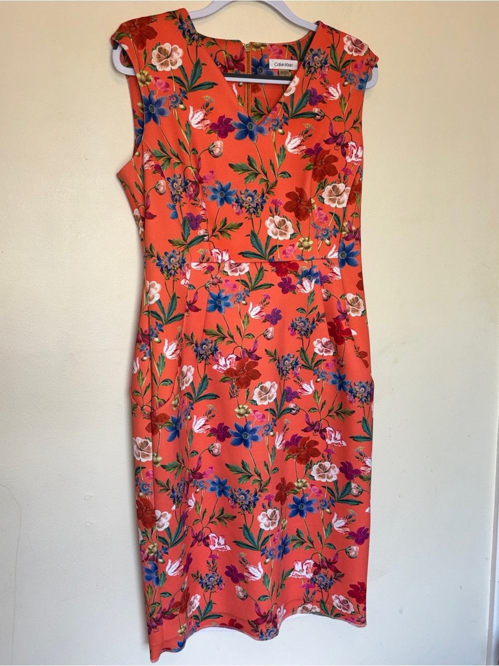 Calvin Klein Floral Scuba Sheath Dress 12 Sleeveless V-Neck Office Bright Summer